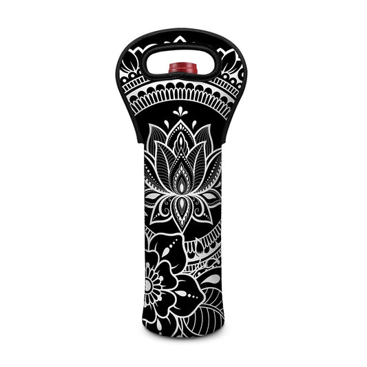 Black And White Lotus Flower Print Single Neoprene Wine Tote