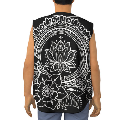 Black And White Lotus Flower Print Sleeveless Baseball Jersey