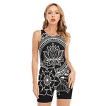 Black And White Lotus Flower Print Sleeveless One Piece Swimsuit