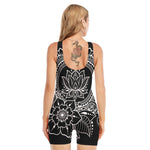 Black And White Lotus Flower Print Sleeveless One Piece Swimsuit
