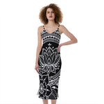Black And White Lotus Flower Print Slim Fit Midi Cami Dress