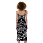 Black And White Lotus Flower Print Slim Fit Midi Cami Dress