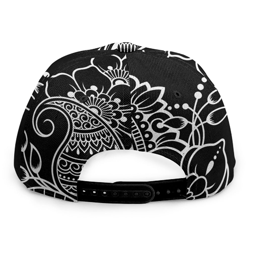 Black And White Lotus Flower Print Snapback Cap