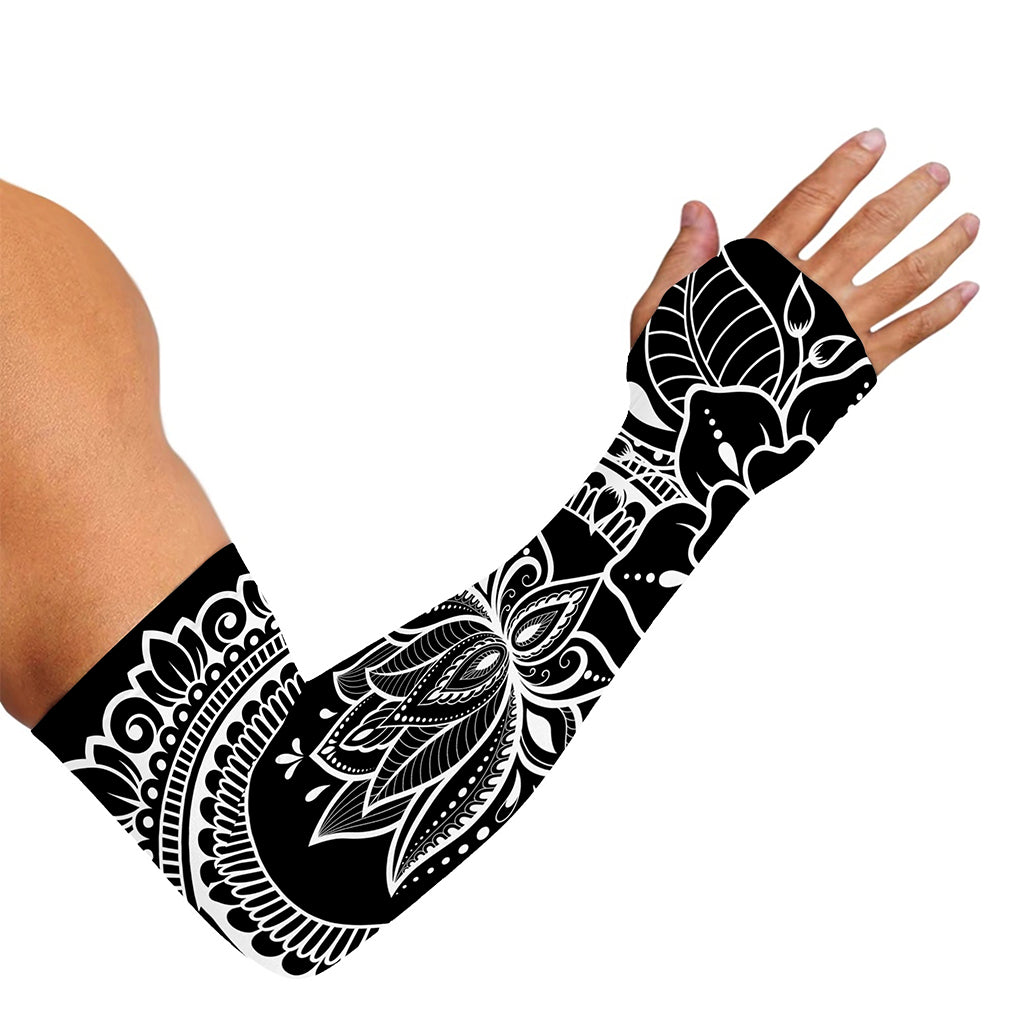 Black And White Lotus Flower Print Sun Protection Arm Sleeves