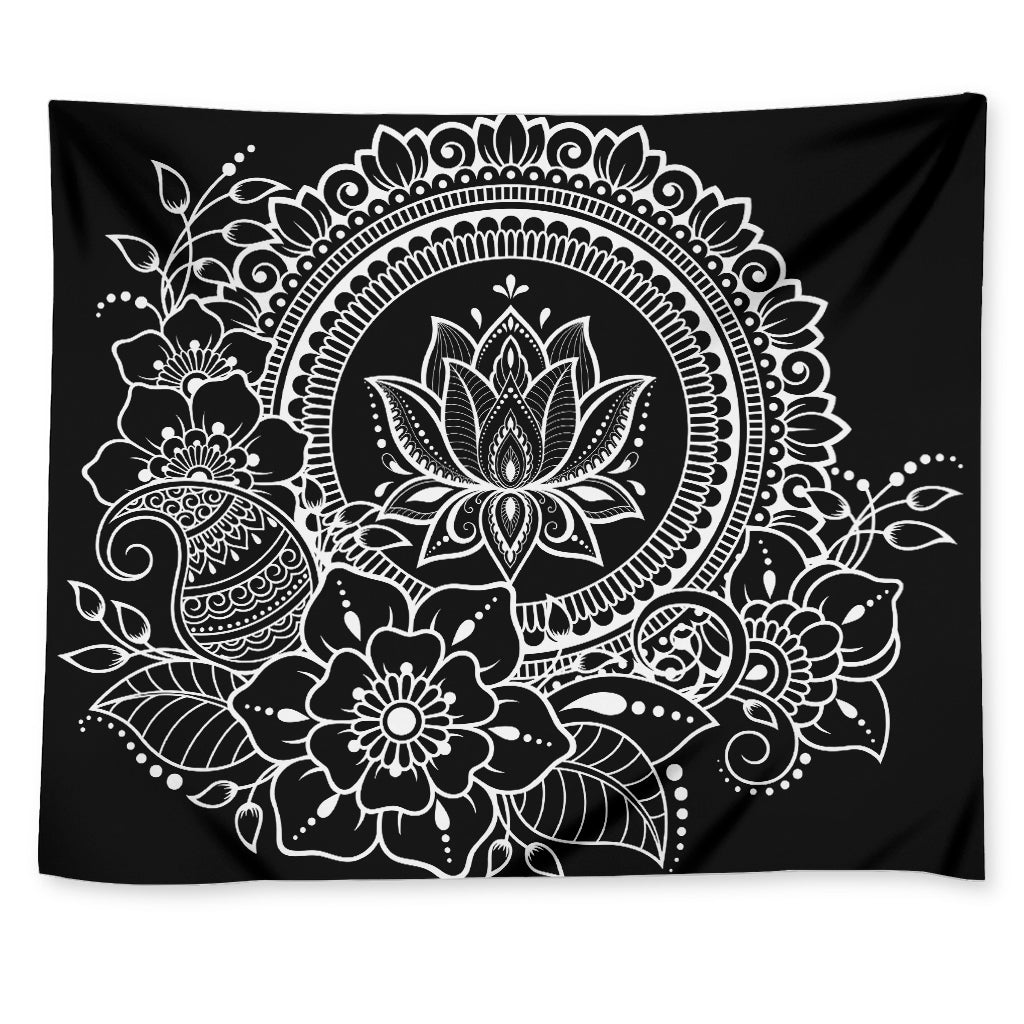 Black And White Lotus Flower Print Tapestry