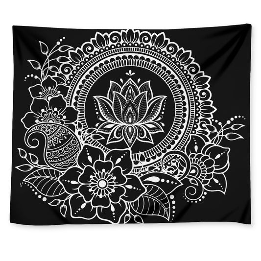 Black And White Lotus Flower Print Tapestry