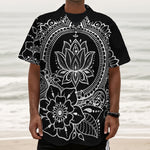 Black And White Lotus Flower Print Textured Short Sleeve Shirt