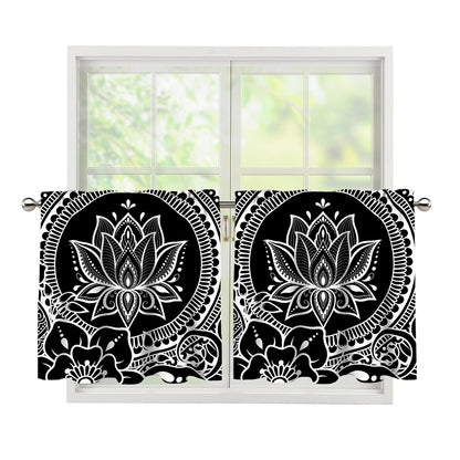 Black And White Lotus Flower Print Tier Curtains