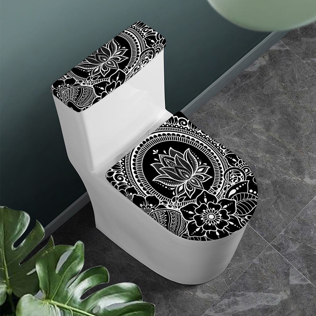 Black And White Lotus Flower Print Toilet Lid And Tank Cover Set
