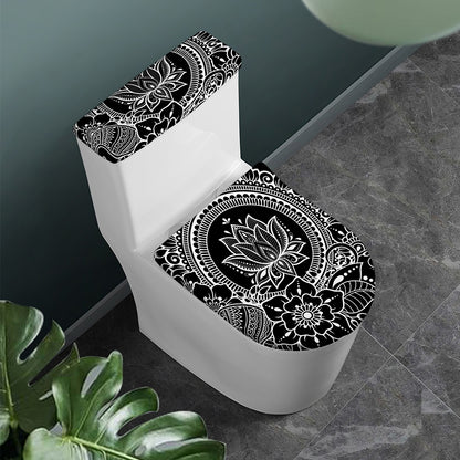 Black And White Lotus Flower Print Toilet Lid And Tank Cover Set