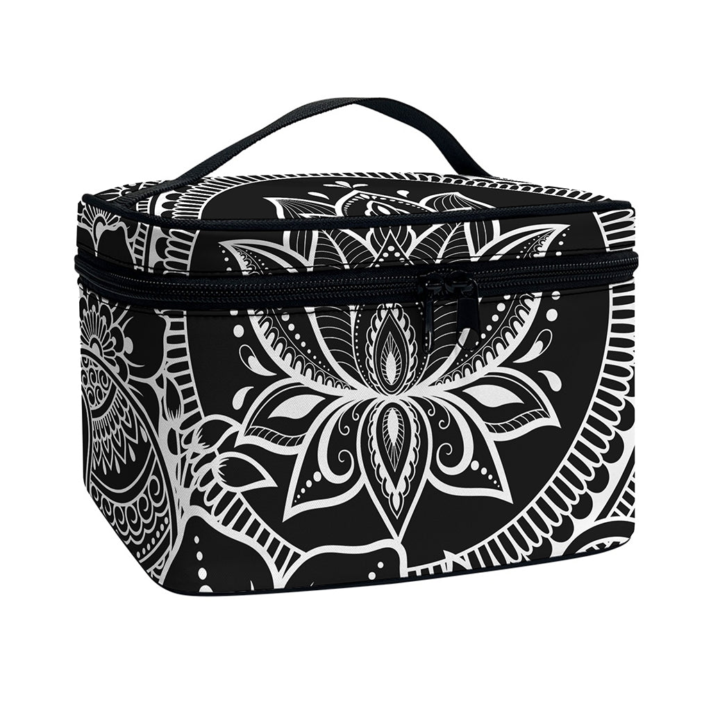Black And White Lotus Flower Print Travel Makeup Bag