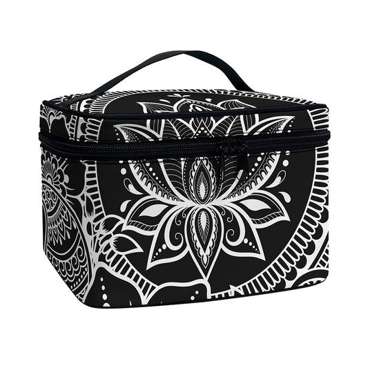 Black And White Lotus Flower Print Travel Makeup Bag