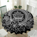 Black And White Lotus Flower Print Waterproof Round Tablecloth