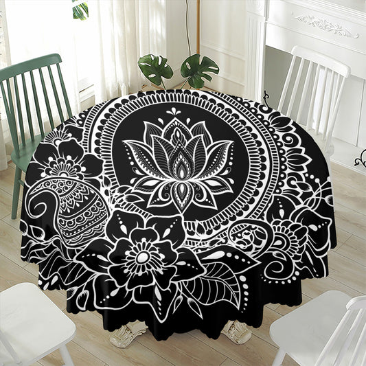 Black And White Lotus Flower Print Waterproof Round Tablecloth