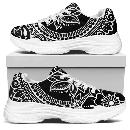 Black And White Lotus Flower Print White Chunky Shoes