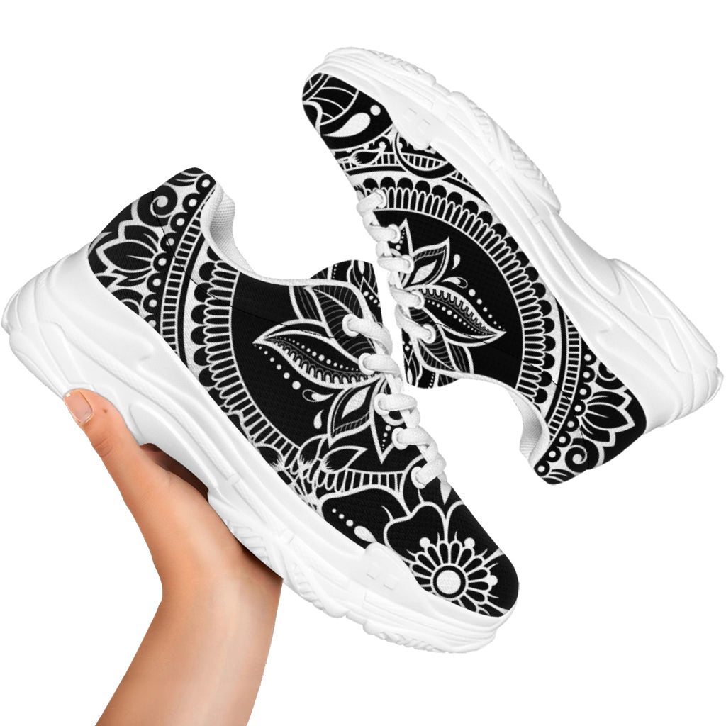 Black And White Lotus Flower Print White Chunky Shoes