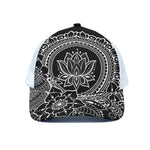 Black And White Lotus Flower Print White Mesh Trucker Cap