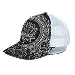 Black And White Lotus Flower Print White Mesh Trucker Cap