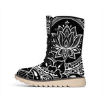 Black And White Lotus Flower Print Winter Boots