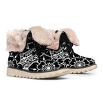 Black And White Lotus Flower Print Winter Boots