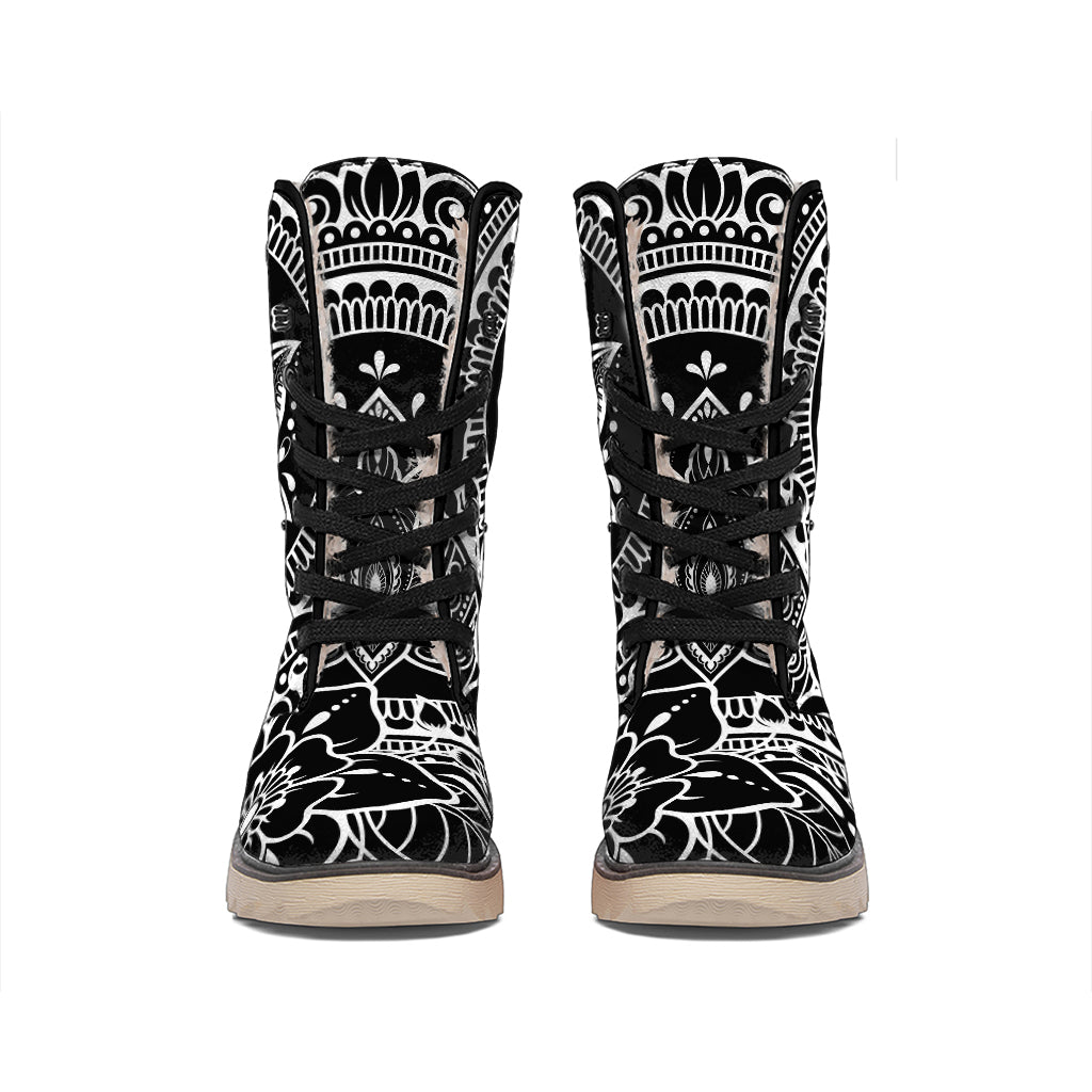 Black And White Lotus Flower Print Winter Boots