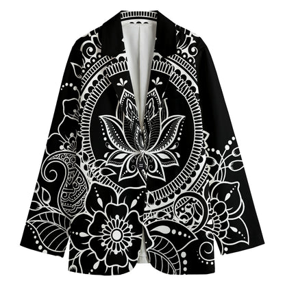 Black And White Lotus Flower Print Women's Blazer