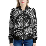 Black And White Lotus Flower Print Women's Bomber Jacket