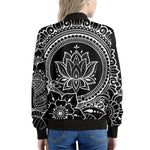 Black And White Lotus Flower Print Women's Bomber Jacket