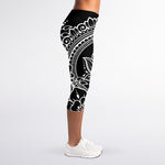 Black And White Lotus Flower Print Women's Capri Leggings