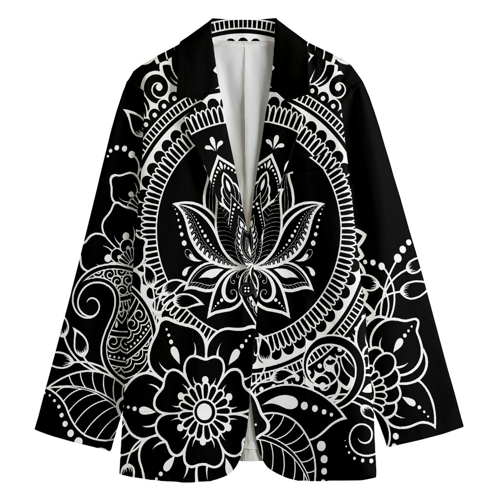 Black And White Lotus Flower Print Women's Cotton Blazer