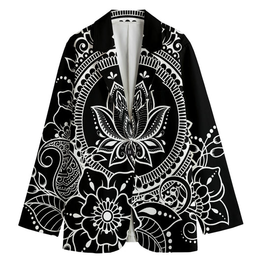 Black And White Lotus Flower Print Women's Cotton Blazer