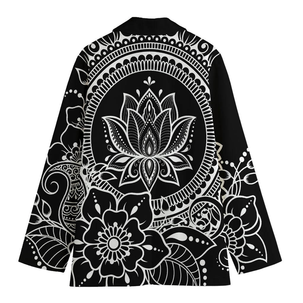 Black And White Lotus Flower Print Women's Cotton Blazer
