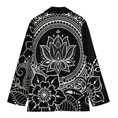 Black And White Lotus Flower Print Women's Cotton Blazer