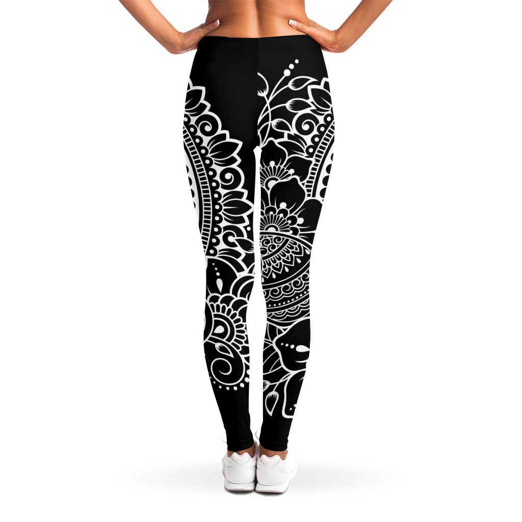 Black And White Lotus Flower Print Women's Leggings