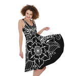 Black And White Lotus Flower Print Women's Sleeveless Dress