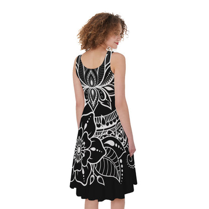 Black And White Lotus Flower Print Women's Sleeveless Dress