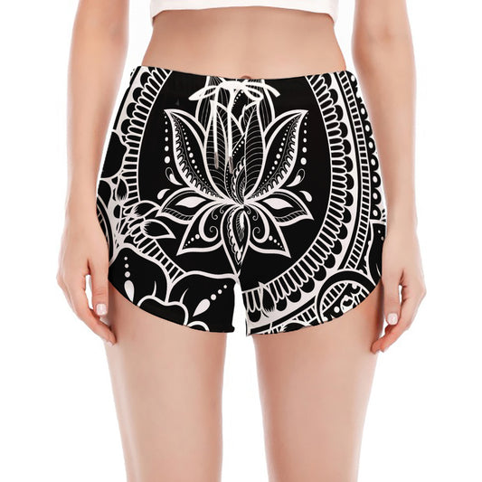 Black And White Lotus Flower Print Women's Split Running Shorts