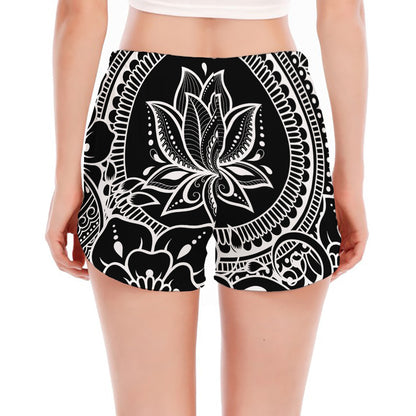 Black And White Lotus Flower Print Women's Split Running Shorts