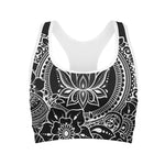 Black And White Lotus Flower Print Women's Sports Bra