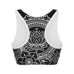 Black And White Lotus Flower Print Women's Sports Bra