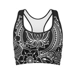 Black And White Lotus Flower Print Women's Sports Bra