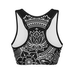 Black And White Lotus Flower Print Women's Sports Bra