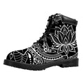Black And White Lotus Flower Print Padded Collar Lace Up Boots