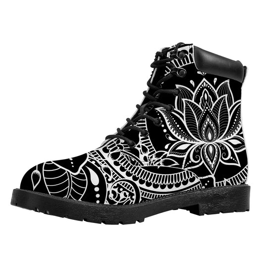 Black And White Lotus Flower Print Work Boots