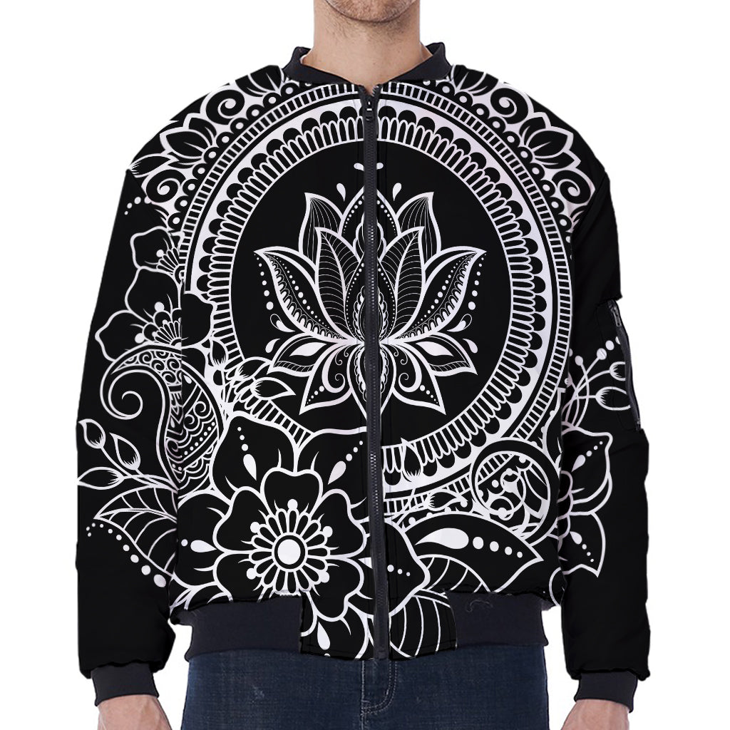 Black And White Lotus Flower Print Zip Sleeve Bomber Jacket
