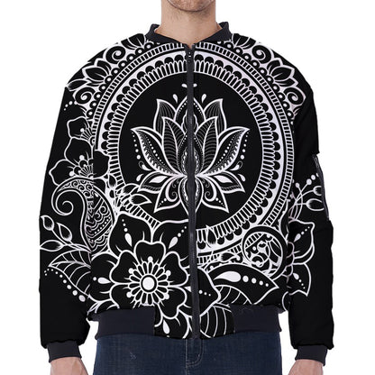 Black And White Lotus Flower Print Zip Sleeve Bomber Jacket