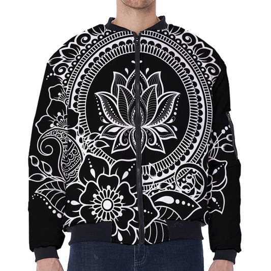 Black And White Lotus Flower Print Zip Sleeve Bomber Jacket