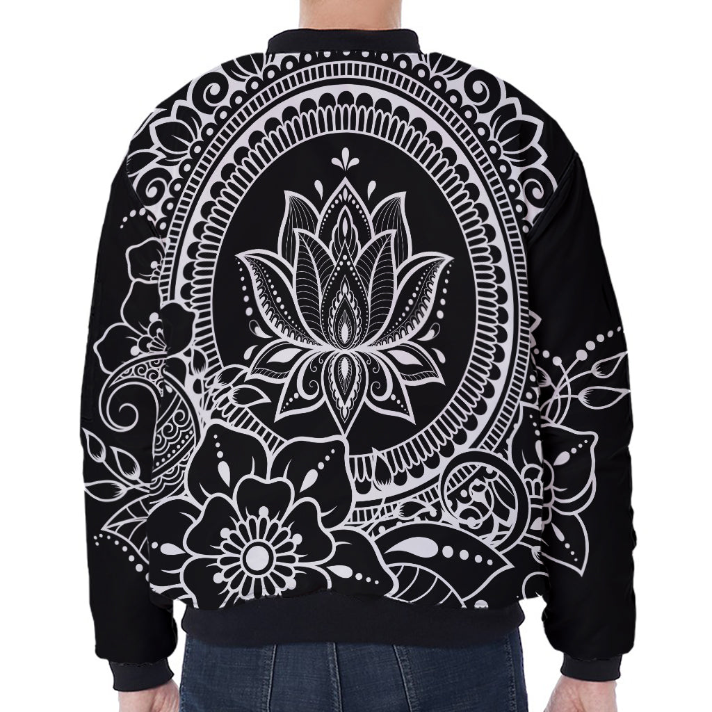 Black And White Lotus Flower Print Zip Sleeve Bomber Jacket