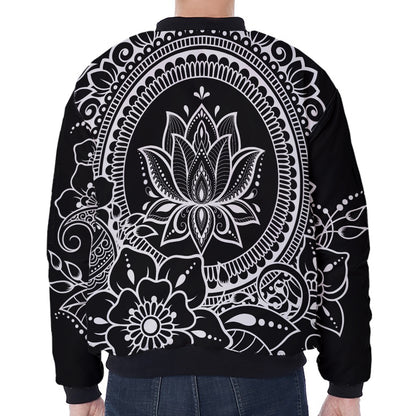 Black And White Lotus Flower Print Zip Sleeve Bomber Jacket