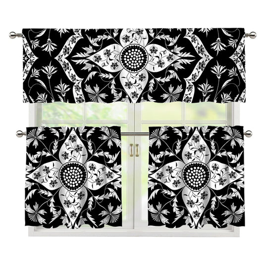 Black And White Lotus Mandala Print 3 Piece Kitchen Curtains